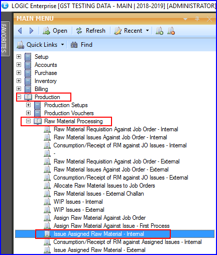 Issue Assigned Raw Material-Internal